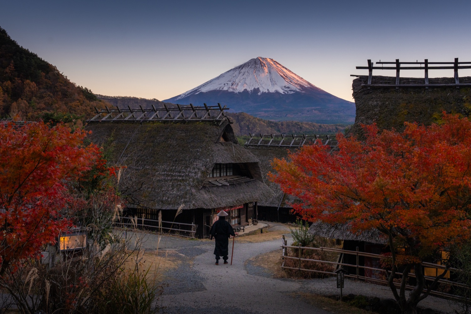Mount Fuji over an autumn village